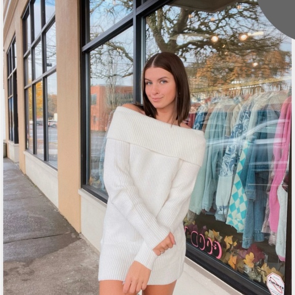 Better Be Dresses & Skirts - White Sweater Dress Off the Shoulder